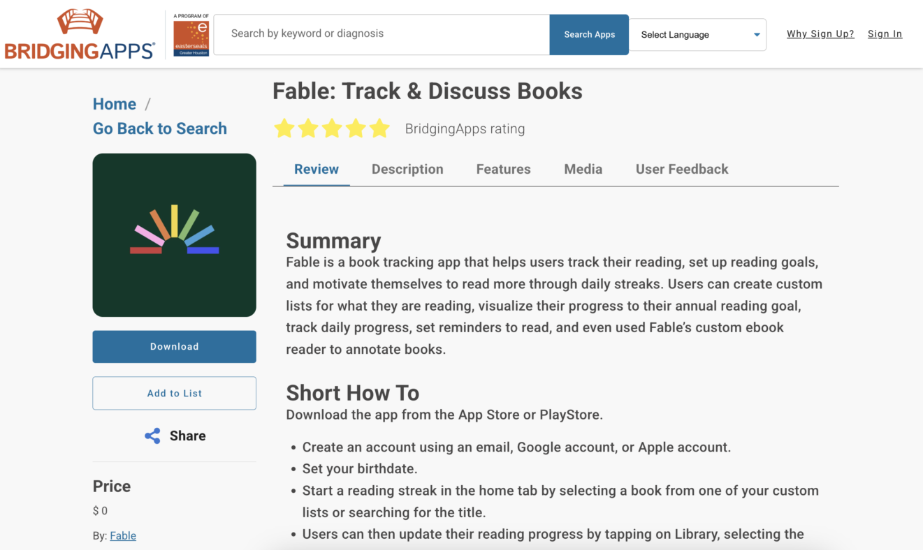 screenshot of fable track & discuss books app review on bridgingapps dot org website
